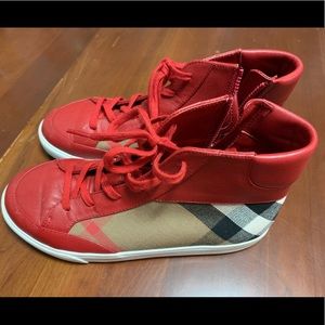 Kids Burberry Red Leather Hightop Sneakers